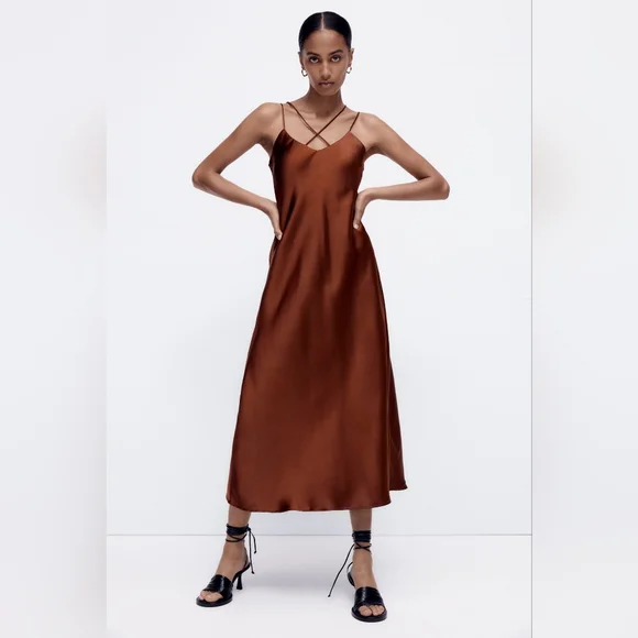 Zara Dresses Zara Satin Effect Brown Strappy Midi Dress Size L